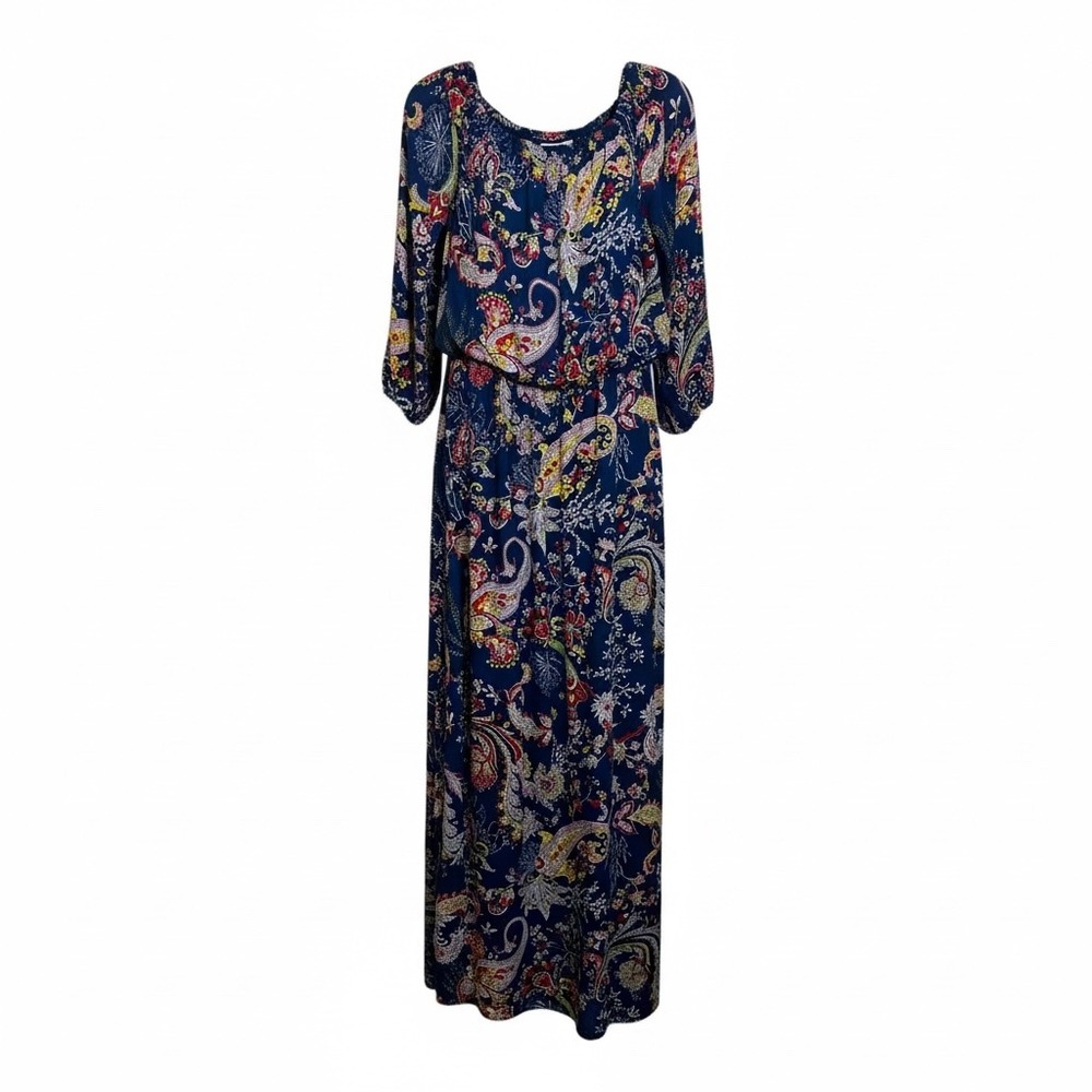 Bisou Bisou‎ Navy Paisley Blouson Maxi Dress 3/4 Sleeve Drawstring Waist Size 8